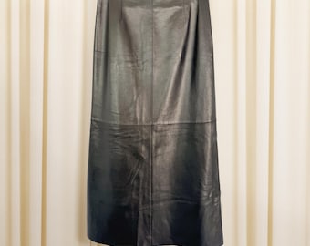 Vintage Black Leather Midi Pencil Skirt, Siena Studio