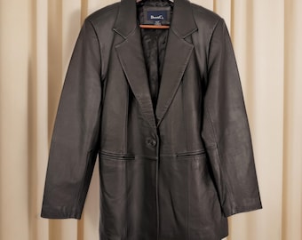 Vintage Black Leather Blazer – 90s Minimalist Oversized Jacket