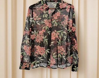 Black Floral Sheer Button Up — Vintage Sheer Blouse — Floral Mesh Shirt — Lightweight Layering Top
