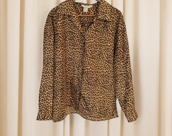 90s Silk Leopard Print Blouse L XL, Vintage Jessica Holbrook