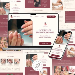 Peut inclure: Un ordinateur portable et un smartphone affichent un site web pour un salon de manucure, Studio Petale, avec un thème bordeaux et crème. Le site présente des services d'art des ongles, de manucure et de beauté des mains. Le texte "A Touch of Beauty for Your Nails" est affiché.