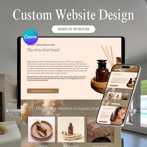 Peut inclure: Maquette numérique d'un site web pour une boutique de soins de la peau. La conception présente une mise en page épurée avec du texte et des images, y compris des photos de produits et le texte "Custom Website Design" et "Made in 48 Hours". Un smartphone affiche le site web.