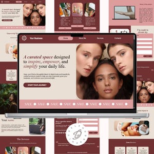 Peut inclure: Un ordinateur portable affichant une conception de site web avec un schéma de couleurs bordeaux et crème. Le site web présente des images de femmes, le texte "Un espace organisé pour inspirer, autonomiser et simplifier votre vie quotidienne" et un bouton "Commencer votre voyage".