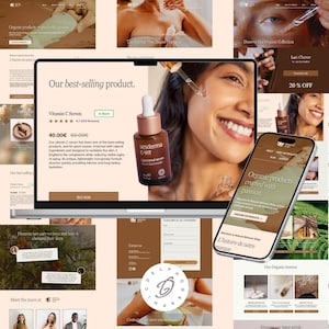 Peut inclure: Un ordinateur portable et un smartphone affichent un site web de produits de soins de la peau biologiques. L'écran de l'ordinateur portable présente un sérum à la vitamine C avec le texte "Our best-selling product." Le téléphone affiche "Organic products crafted with passion."