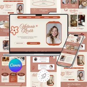 Peut inclure: Une conception de site web affichée sur un ordinateur portable et un smartphone, présentant le portfolio d'un assistant virtuel. La conception utilise une palette de couleurs chaudes avec le nom "Melanie Rosth" et le texte "Votre assistant virtuel de demain, prêt à révolutionner votre vie quotidienne."