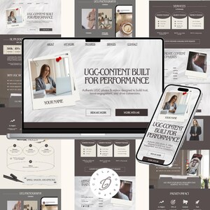 Peut inclure: Maquette de site web affichant "UGC-CONTENT BUILT FOR PERFORMANCE" sur un ordinateur portable et un smartphone. La conception présente une femme travaillant sur un ordinateur portable, avec du texte promouvant des photos et des vidéos UGC authentiques. La palette de couleurs est neutre avec des accents marron et blancs.