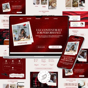 Puede incluir: Un portátil y un smartphone muestran un sitio web con un diseño rojo y blanco. El sitio promociona contenido UGC con el texto "UGC-CONTENT BUILT FOR PERFORMANCE". La imagen incluye una foto de una mujer.
