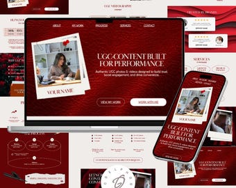 May include: A laptop and smartphone display a website with a red and white color scheme. The website promotes UGC content with the text "UGC-CONTENT BUILT FOR PERFORMANCE". The image includes a photo of a woman.