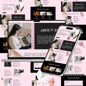 Peut inclure: Conception de site web affichée sur un ordinateur portable et un smartphone, avec un code couleur rose et noir. La conception comprend des sections intitulées "À propos de moi", "Expérience" et "Ce que je peux faire", avec une photo et du texte. Une femme utilise un ordinateur portable.