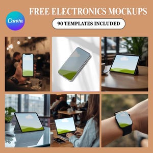 Peut inclure: Image promotionnelle pour Canva présentant des maquettes d'appareils électroniques. L'image comprend un smartphone, une tablette, un ordinateur portable et une montre intelligente, chacun affichant un paysage. Le texte en haut indique "FREE ELECTRONICS MOCKUPS" et "90 TEMPLATES INCLUDED".