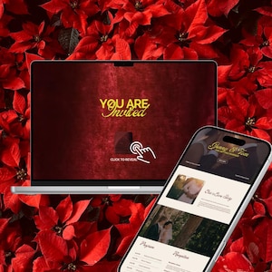 Peut inclure: Un ordinateur portable et un smartphone affichent une invitation de mariage. L'écran de l'ordinateur portable affiche "YOU ARE Invited" en script doré, avec une invite "Click to Reveal". Le téléphone montre un site web de mariage.
