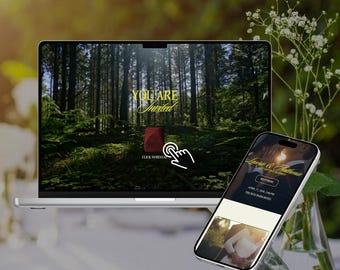 May include: A laptop and smartphone displaying wedding invitation designs. The laptop screen shows the text "YOU ARE Invited" over a forest scene. The smartphone displays a wedding invitation with names, date, and venue.