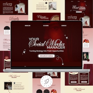 Peut inclure: Un ordinateur portable affiche une conception de site web bordeaux et blanc. Le titre principal du site web est "Your Social Media Manager" avec le slogan "Turning Strategy Into Fresh Opportunities".