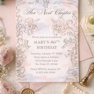 Pode incluir: Um convite em tons de rosa com ilustrações florais e o texto "Her Next Chapter" e "Mary's 30th Birthday". O convite inclui detalhes do evento e um pedido de RSVP. O design é rodeado por rosas, pérolas e um selo de cera.
