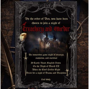 May include: An invitation card with a dark, gothic theme. The card features the text "Treachery and Murder" and details for a game night, including the address and time. The design includes a castle illustration and decorative borders.