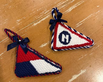Needlepoint Yacht Club Burgee & Sailing Flag Ornaments (custom) Handstitched and finished with designer fabric