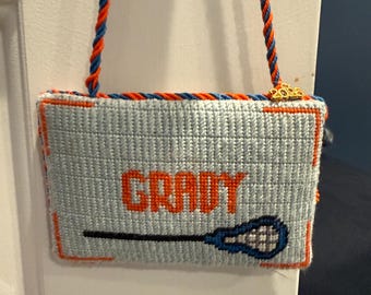 Needlepoint Hanging Sign (custom) Handstitched and finished with designer fabric