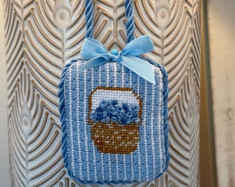 Needlepoint Bag Charm (custom) Handstitched and finished with designer fabric