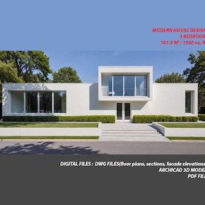 Könnte beinhalten: Ein modernes weißes Hausdesign mit drei Schlafzimmern, großen Fenstern und einem Flachdach. Das Bild enthält Text, der besagt, dass das Haus 181,5 m² groß ist und digitale Dateien wie Grundrisse und ein 3D-Modell anbietet.