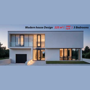 Może przedstawiać: Nowoczesny, dwupiętrowy dom o minimalistycznym designie. Biała elewacja posiada duże okna, szklany balkon i czarne drzwi garażowe. Tekst brzmi "Modern house Design 225 m2 (2400 sq.ft.) 3 Bedrooms."