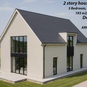 Puede incluir: Diseño de casa moderna de dos pisos con techo gris oscuro y grandes ventanales. La casa tiene 3 dormitorios y 3 baños, con 193 m2 de espacio. Texto en la imagen: 2 story house design, 3 Bedroom, 3 Bathroom, 193 m2, 2080 sq. ft. Download: DWG FILE, ARCHICAD FILE, PDF FILE.