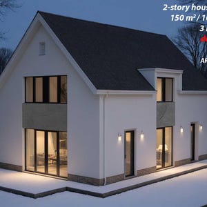 Op de afbeelding: Ontwerp van een huis met twee verdiepingen met een witte gevel, donkergrijs dak en grote ramen. Het ontwerp omvat 3 slaapkamers en beslaat 150 m². Tekst op de afbeelding geeft DWG-, ARCHICAD- en PDF-bestandsformaten aan.