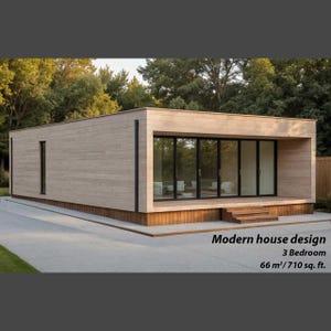 Könnte beinhalten: Modernes Hausdesign mit hellem Holz außen. Das Haus verfügt über große Glastüren und Fenster, eine kleine Veranda und ein minimalistisches Design. Der Text im Bild lautet: "Modern house design, 3 Bedroom, 66 m² / 710 sq. ft."