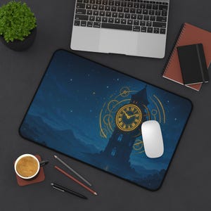 Puede incluir: Alfombrilla de ratón rectangular con un diseño de torre del reloj sobre un cielo nocturno azul oscuro con estrellas. La esfera del reloj tiene números romanos y está rodeada de engranajes dorados. Un ratón blanco está encima.