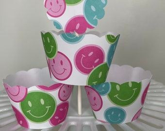 Smiley Face Pink Green Blue Wrappers , Emoji Cupcake Wrappers, Groovy Cupcake Wrappers, Birthday Cupcake Wrapper, cheer team happy face