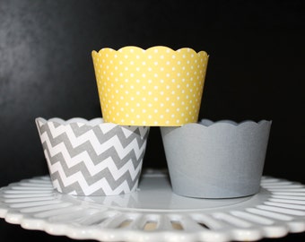 Chevron Stripe, Yellow and white polka dot and Solid Grey Cupcake Wrapper.