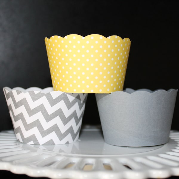 Chevron Stripe, Yellow and white polka dot and Solid Grey Cupcake Wrapper.