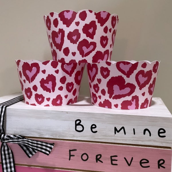 Red, Pink, White, Leopard Heart Valentine Wrappers, Bridal shower Cupcake Wrappers, Wedding Cupcake Wrappers, Birthday Cupcake Wrapper,