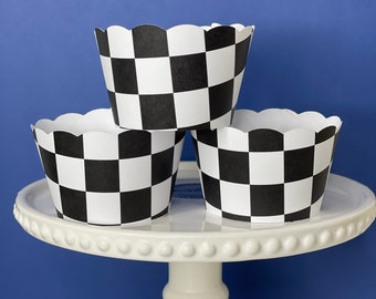 Checkered, Mario, Super Mario Wrappers , Racing Cupcake Wrappers, Cars Cupcake Wrappers, Birthday Cupcake Wrapper, black and white