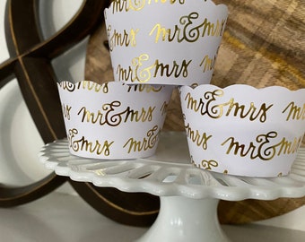 White and Gold Mr. & Mrs. Wrappers , Engagement Cupcake Wrappers, Wedding Cupcake Wrappers, Save the date Cupcake Wrapper, Trending wedding,