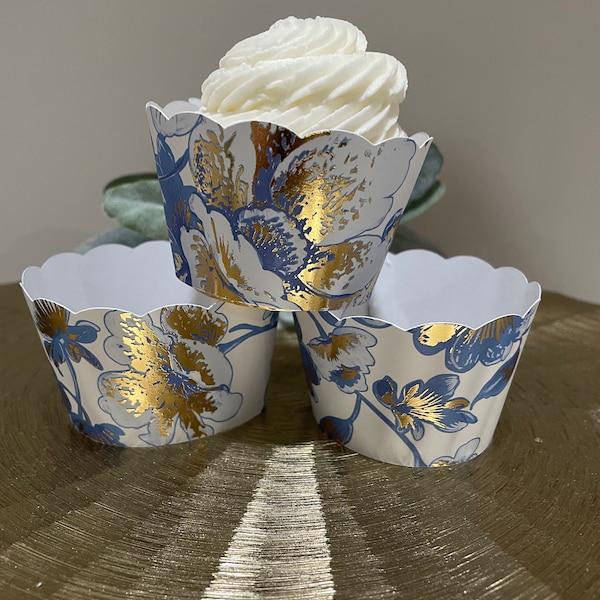 Blue, white and gold Floral Cupcake Wrapper, Blue Coastal, Bridal Shower, Chinoiserie, Vintage wedding