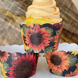 Fall Sunflower Wrappers , Rustic Cupcake Wrappers, Wedding Cupcake Wrappers, Birthday Cupcake Wrapper, Hessian