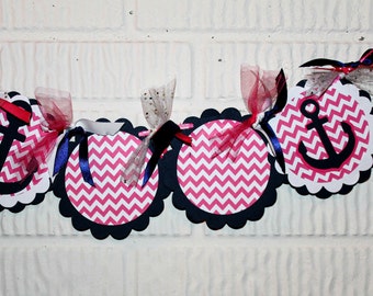 Preppy Navy and Hot Pink Banner Custom to Happy Birthday or I am One with Anchor