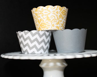 Yellow Damask and Grey Chevron Stripe Cupcake Wrappers