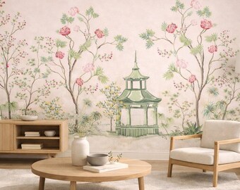 Oriental Garden Wallpaper | Chinoiserie Floral Mural | Soft Botanical Wall Art | Custom Panel Wallpaper