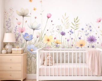 Watercolor Wildflower Nursery Wallpaper Mural, Botanical Floral Wall Decor