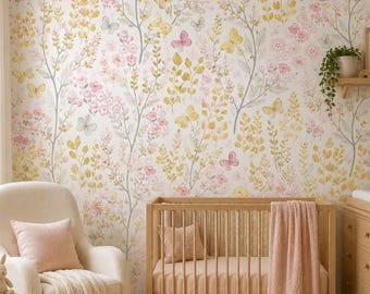 Pastel Floral Nursery Wallpaper, Baby Girl Room Decor, Removable Wall Mural