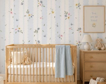Blue Floral Stripe Wallpaper, Pastel Botanical Nursery Wall Mural