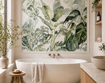 Green Botanical Leaf Wallpaper Mural: Watercolor Tropical Beige Living Room Decor