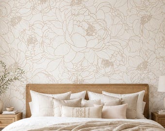 Neutral Floral Line Art Wallpaper, Beige Botanical Peel and Stick, Modern Flower Wall Mural
