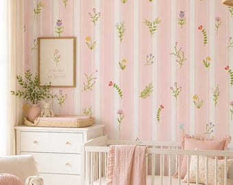 Pink Floral Striped Nursery Wallpaper | Soft Botanical Baby Room Decor (Peel and Stick)