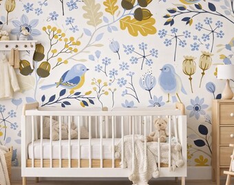 Scandinavian Birds Wallpaper - Botanical Nursery Wall Mural (Peel and Stick or Non Woven)