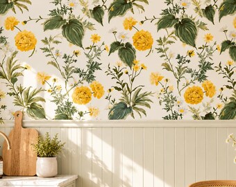 Yellow Floral Botanical Wallpaper, Vintage Cottagecore Farmhouse Wall Decor
