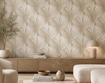 Beige 3D Leaf Wallpaper, Neutral Textured Wall Mural, Japandi Style Peel and Stick