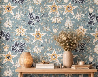 Teal Art Nouveau Floral Wallpaper – Vintage Botanical Wall Decor (Peel and Stick)