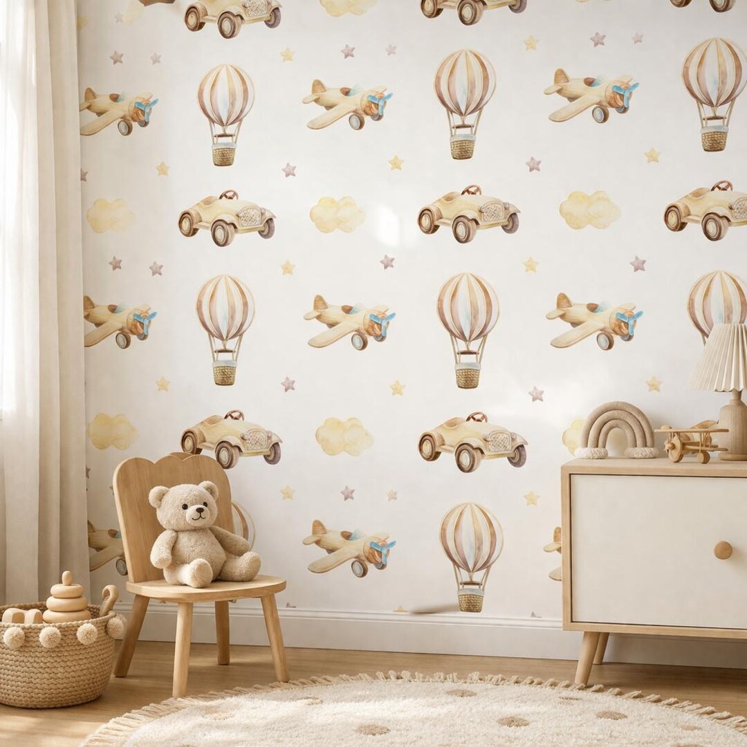 Vintage Airplane Nursery Wallpaper, Adventure Sky Wall Mural (peel and ...